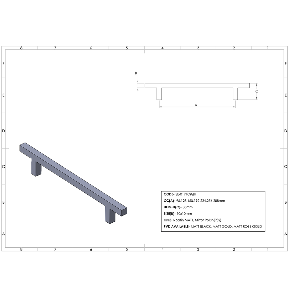 Sq 'H' Rail Bar Handle